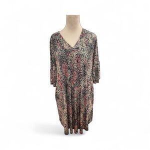 Emerald Floral V-Neck Midi‎ Dress With Flutter Sleeves and Pockets M